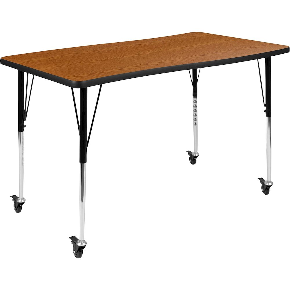 Mobile 28"W x 47.5"L Rectangular Wave Flexible Collaborative Oak Thermal Laminate Activity Table - Standard Height Adjustable Legs