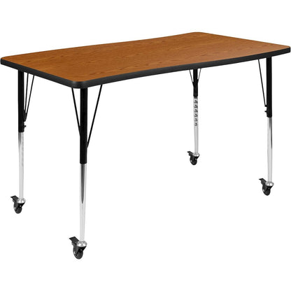 Mobile 28"W x 47.5"L Rectangular Wave Flexible Collaborative Oak Thermal Laminate Activity Table - Standard Height Adjustable Legs
