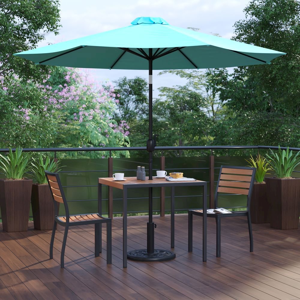 3 Piece Outdoor Patio Table Set - 35" Square Synthetic Teak Patio Table with Teal Umbrella and Base