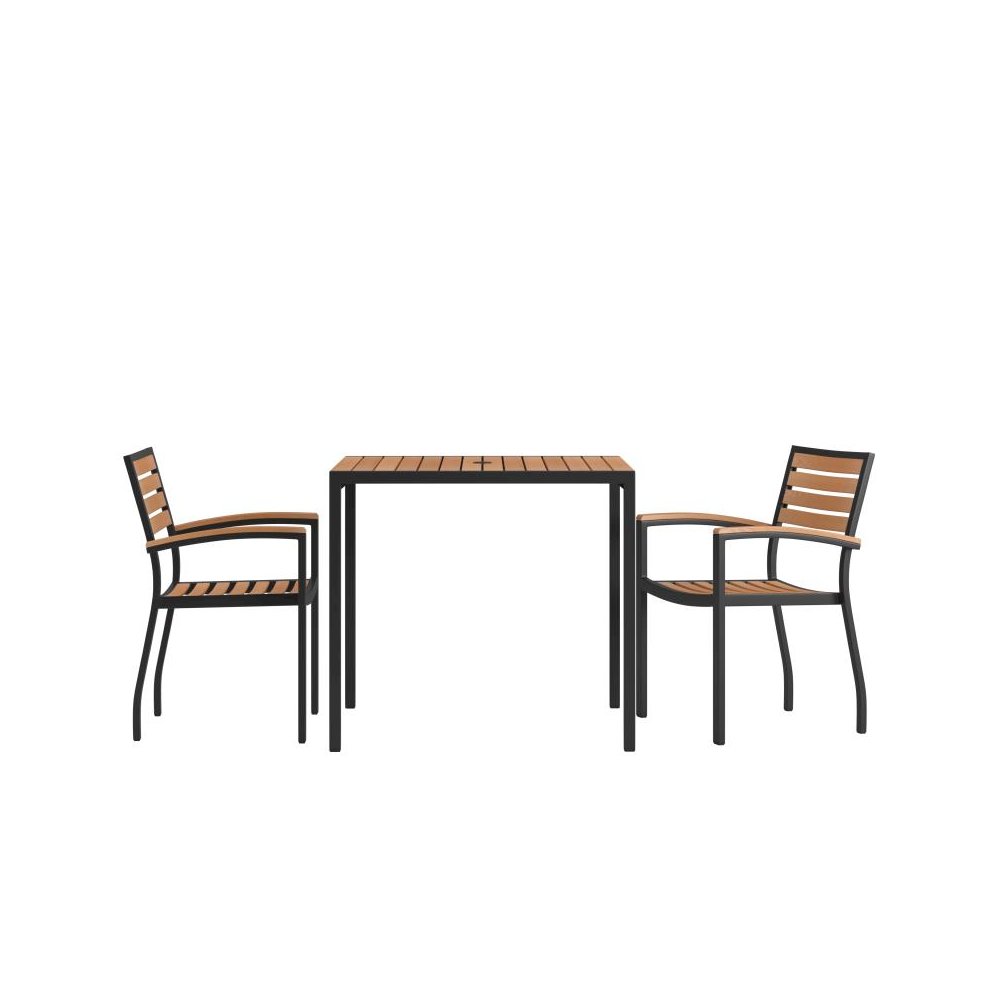 3 Piece Outdoor Dining Table Set - Synthetic Teak Poly Slats - 35" Square Steel Framed Table with Umbrella Hole - 2 Club Chairs