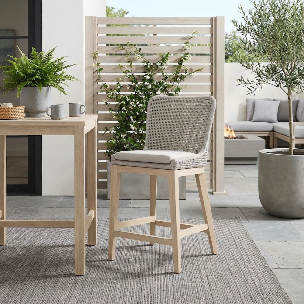 White Outdoor Counter Stool, Teak Base, Rope Weave, Metal Footrest