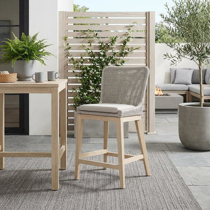 White Outdoor Counter Stool, Teak Base, Rope Weave, Metal Footrest