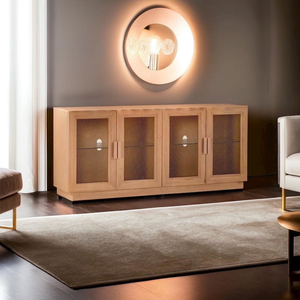 Elegant Blue Media Console Featuring Ash Veneer and Glass Shelving