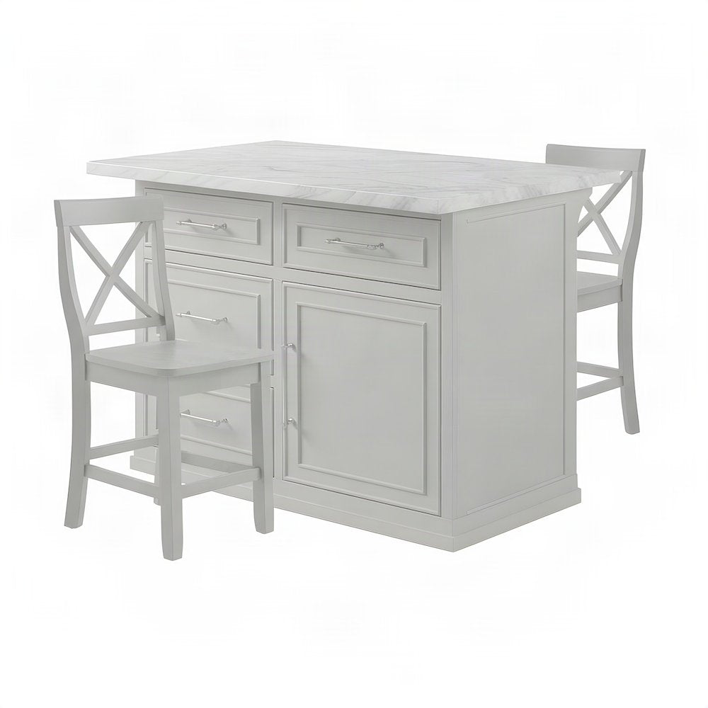 FurniFact Kitchen Island with Faux Marble Top and X-Back Stools, White