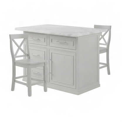 FurniFact Kitchen Island with Faux Marble Top and X-Back Stools, White