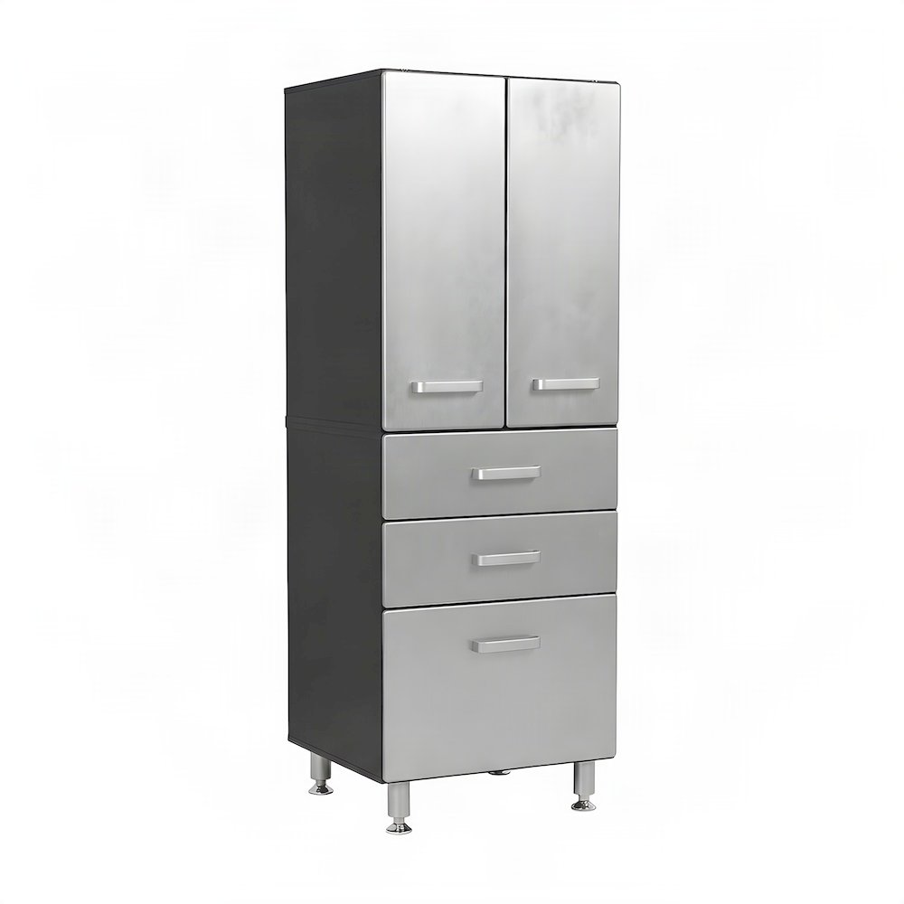 Black Vinyl Laminated Garage Storage Cabinet With 2 Doors And 3 Drawers