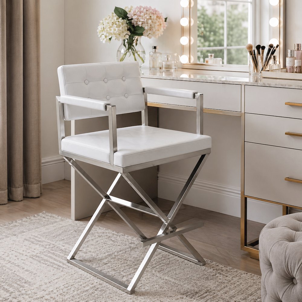 Contemporary White Steel Barstool with Armrests and Eco Leather Seat