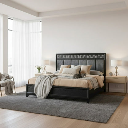 Elegant Black Queen Bed Frame with Headboard – Solid Rubberwood Design