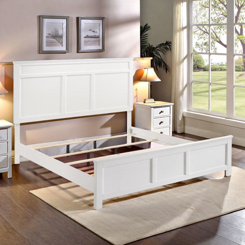 Solid Wood Bed Frame Queen Size, White Wooden Queen Bed Frame with Headboard