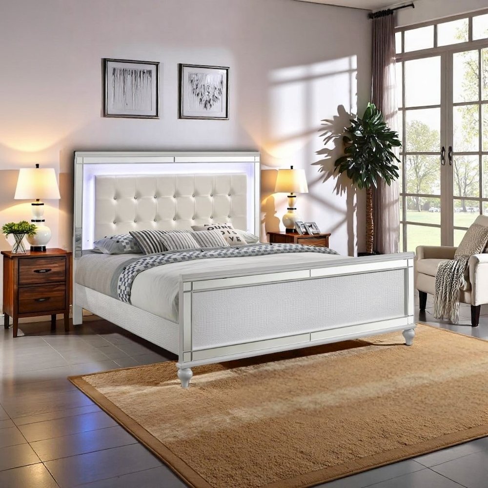 White Queen Bedframe – Solid Wood LED Bed Frame Queen with Headboard