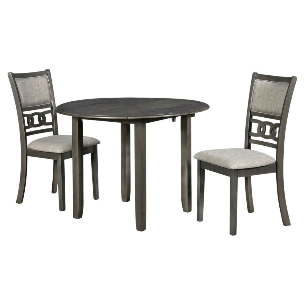 3-Piece Wood Dining Set Round Drop-Leaf Table 2 Chairs Contemporary Gray
