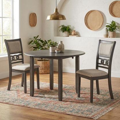 3-Piece Wood Dining Set Round Drop-Leaf Table 2 Chairs Contemporary Gray