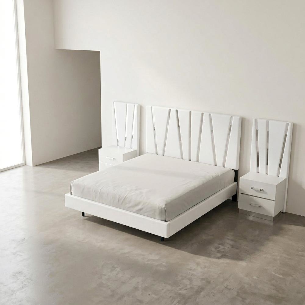 Solid Wood King Bed Set with Nightstands, Glam Modern Bedroom Furniture, White