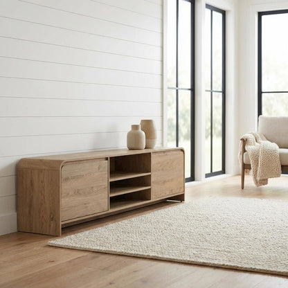 Beige Wood TV Stand with Rubberwood Solids and Walnut Veneers for Living Room