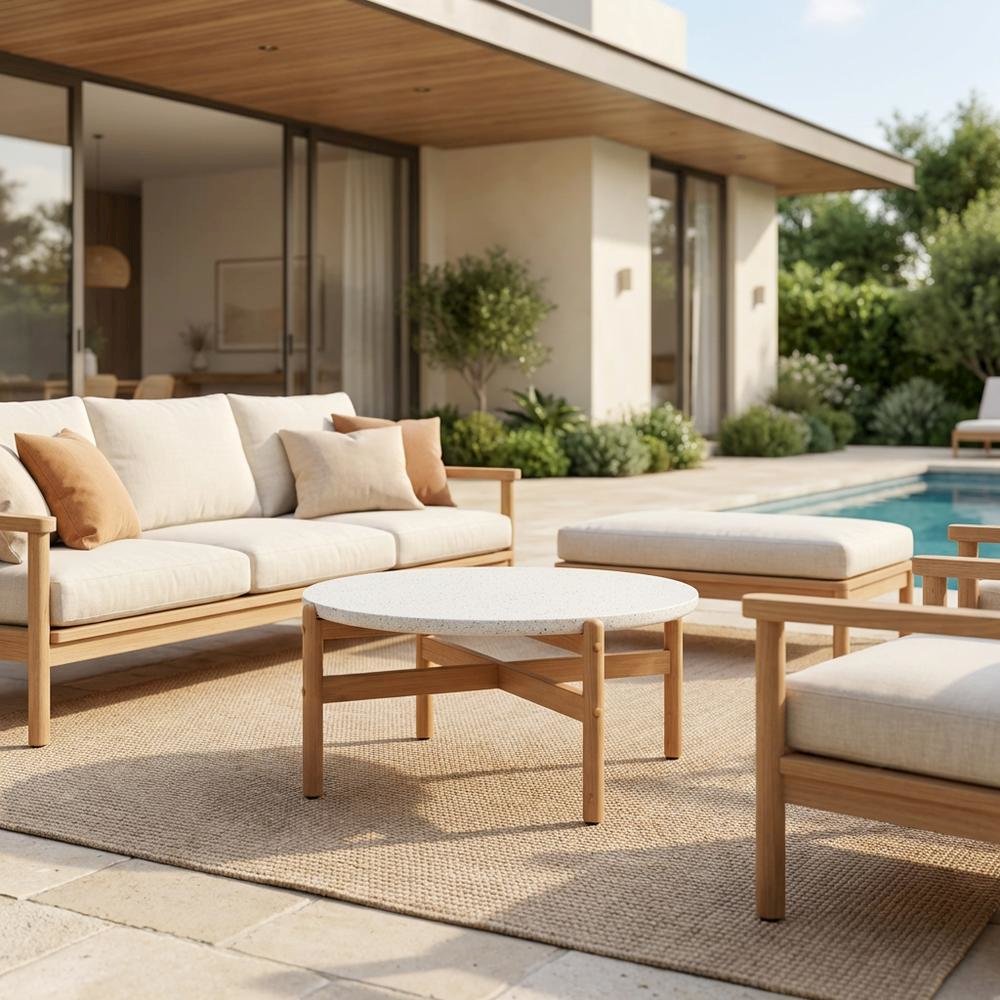 Wooden Circle Coffee Table for Patio, Round Outdoor Coffee Table