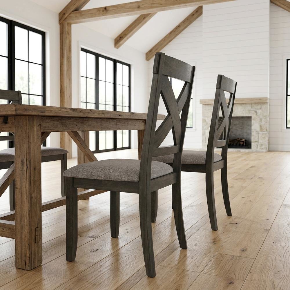 Solid Wood and Fabric-Upholstered Rustic Side Chair, Rustic Brown, Set of 2