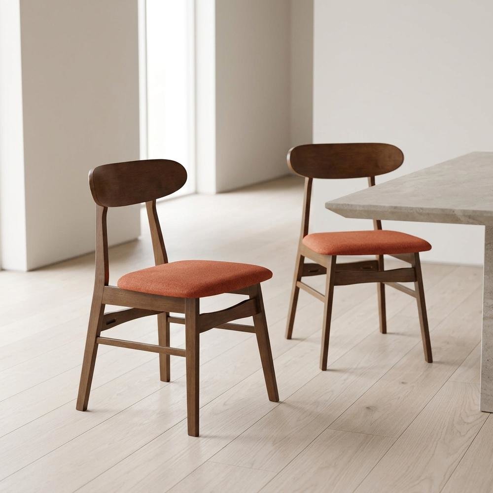 Mid-Century Modern Wood Dining Chair with Cushioned Seat, Orange, Set of 2