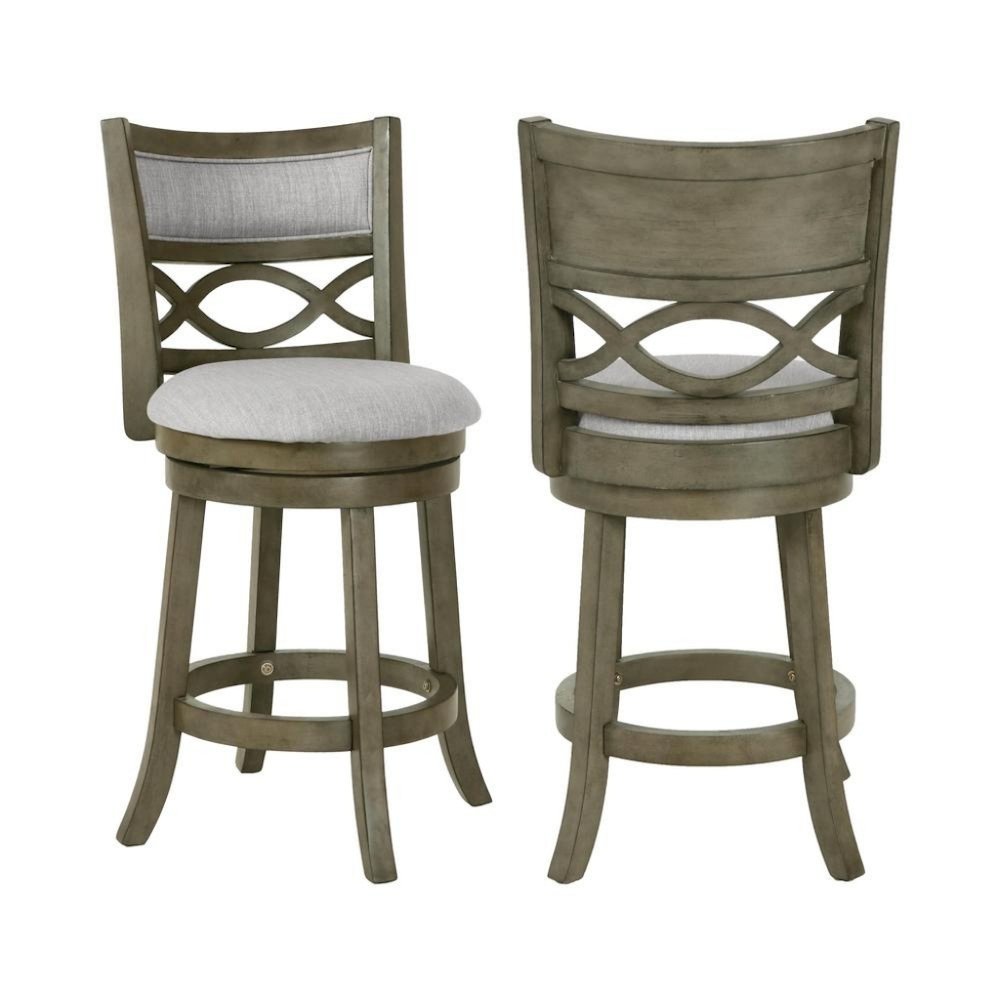 Gray Wood Swivel Counter Stool Set of 2, Fabric Seat, Reinforced Footrest