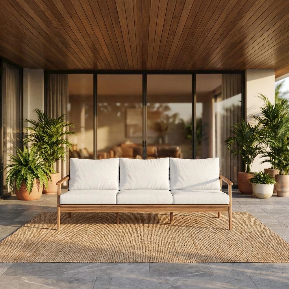 Wood, Fabric Outdoor Sofa In Finish, Spacious Rectangle Design, Sturdy Build