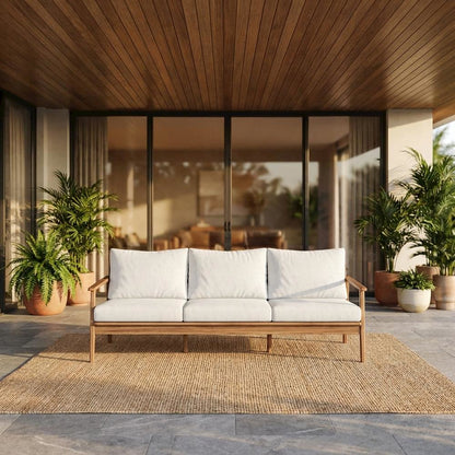Wood, Fabric Outdoor Sofa In Finish, Spacious Rectangle Design, Sturdy Build