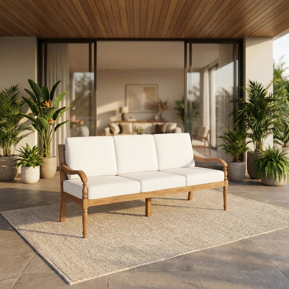 Outdoor wooden patio sofa, finish, traditional design, comfort arm height,