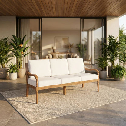 Outdoor wooden patio sofa, finish, traditional design, comfort arm height,