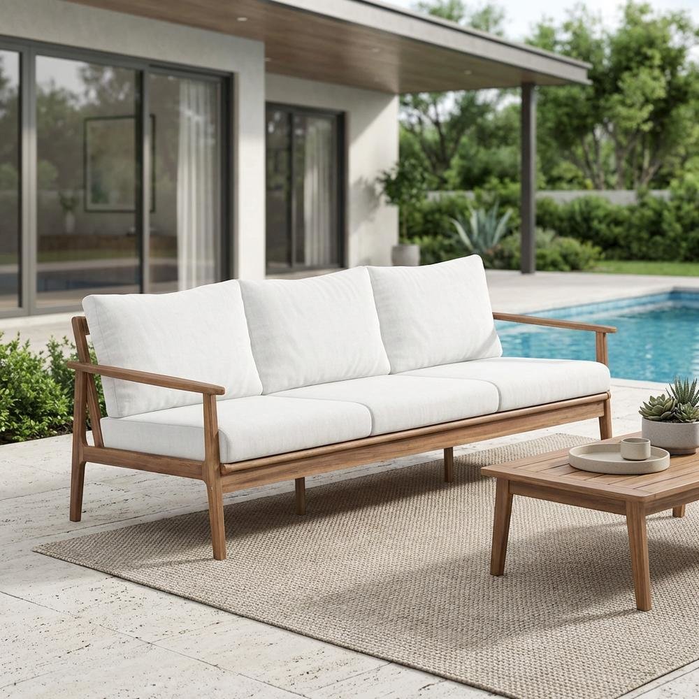 Wood, Fabric Outdoor Sofa In Finish, Spacious Rectangle Design, Sturdy Build