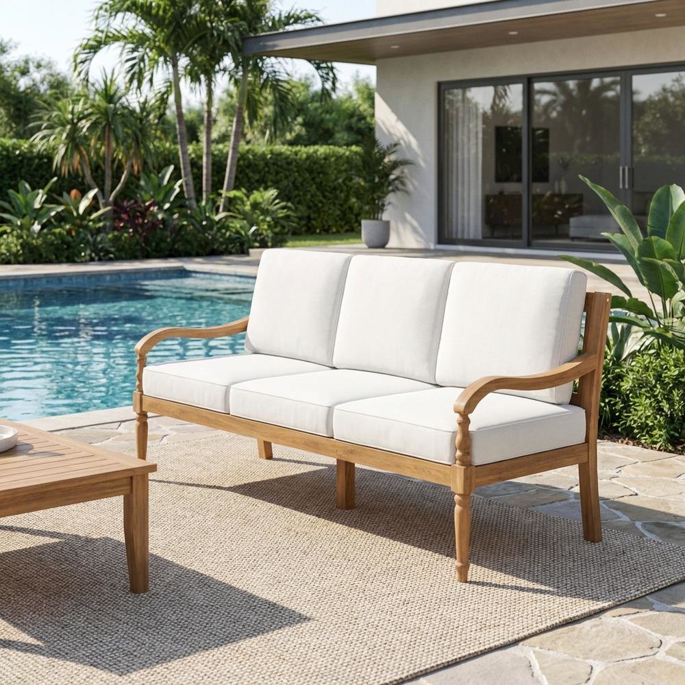 Outdoor wooden patio sofa, finish, traditional design, comfort arm height,
