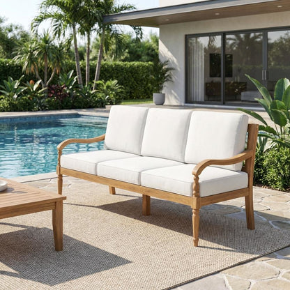 Outdoor wooden patio sofa, finish, traditional design, comfort arm height,