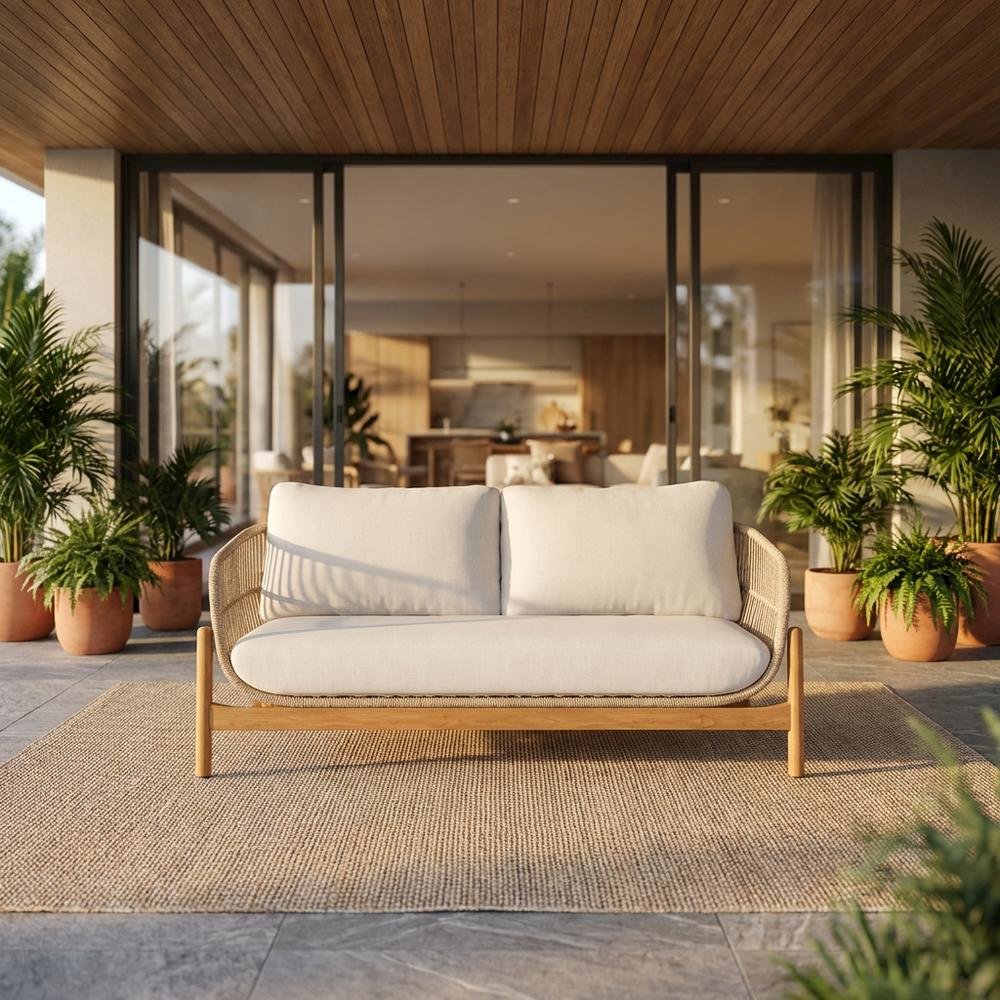 Wood Patio Loveseat With Linen Beige Finish For Outdoor Relaxation