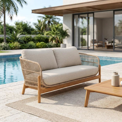 Wood Patio Loveseat With Linen Beige Finish For Outdoor Relaxation