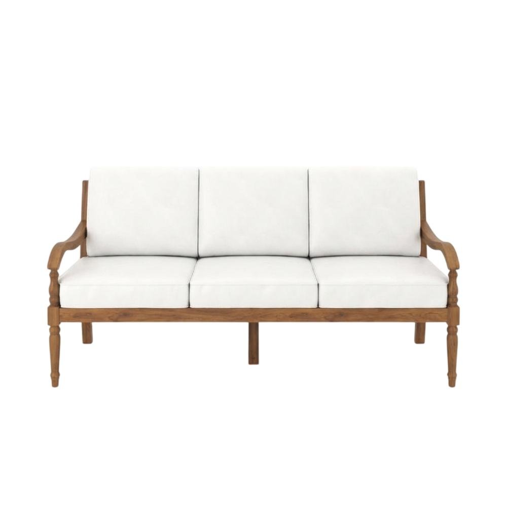 Outdoor wooden patio sofa, finish, traditional design, comfort arm height,