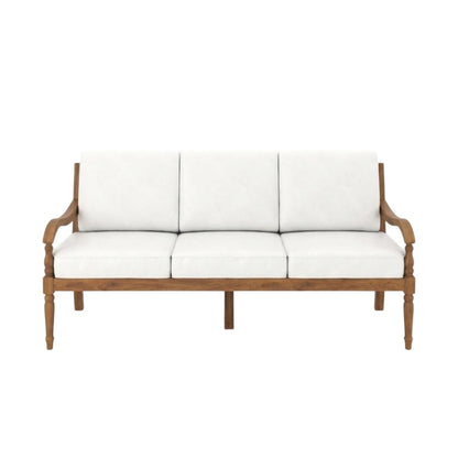 Outdoor wooden patio sofa, finish, traditional design, comfort arm height,