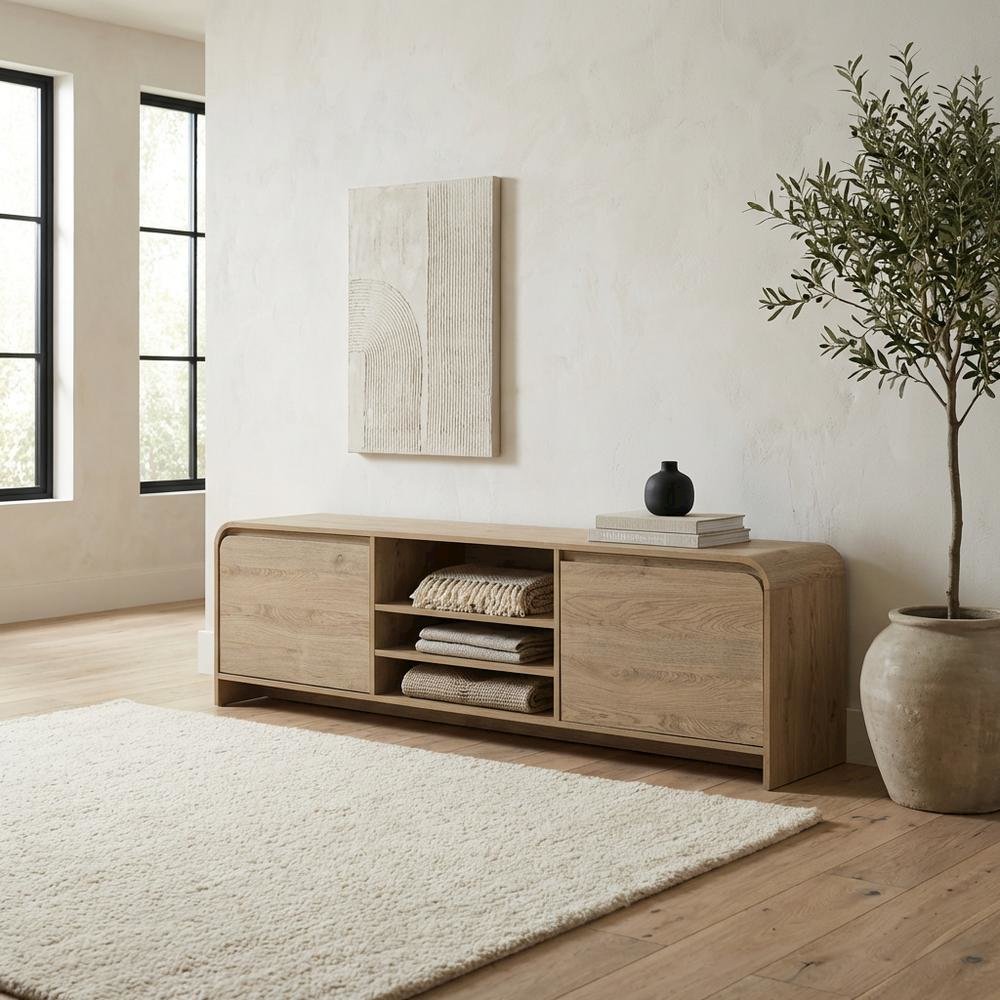 Beige Wood TV Stand with Rubberwood Solids and Walnut Veneers for Living Room
