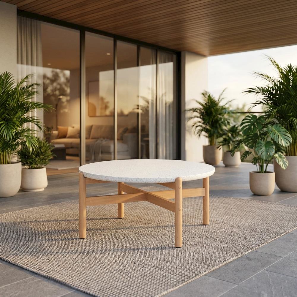 Wooden Circle Coffee Table for Patio, Round Outdoor Coffee Table