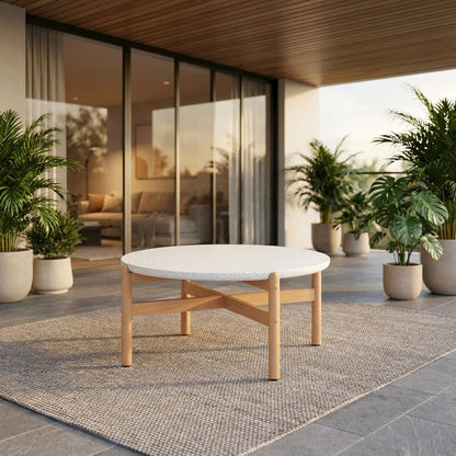 Wooden Circle Coffee Table for Patio, Round Outdoor Coffee Table