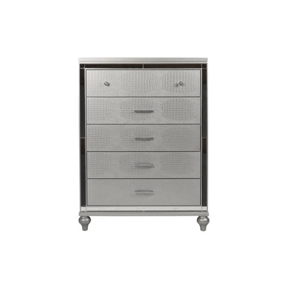 Furniture Valentine 6-Piece Solid Wood King Bedroom Set in Silver
