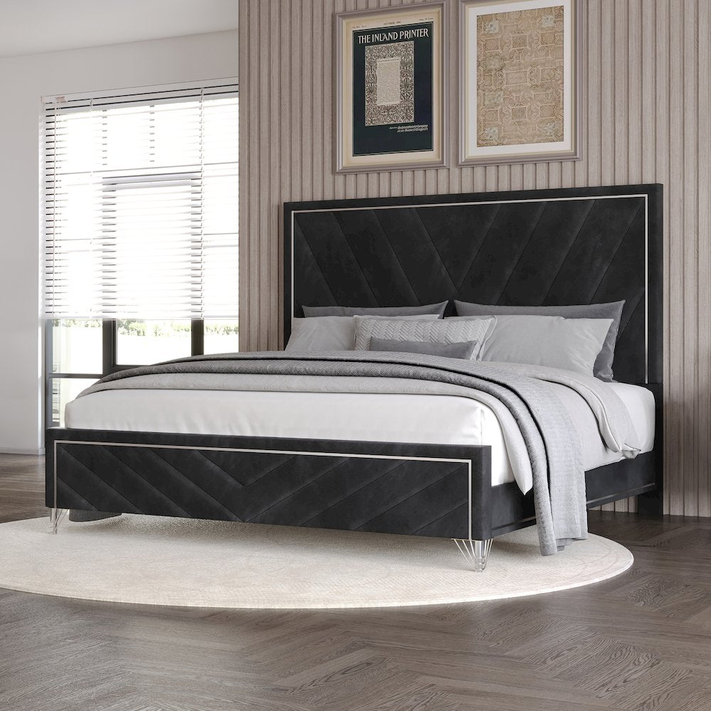Ava Wood/Polyester Queen Panel Bed in Ebony Black