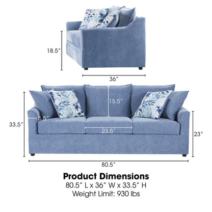 Sylvie Blue Polyester Sofa Couch with 4 Accent Pillows