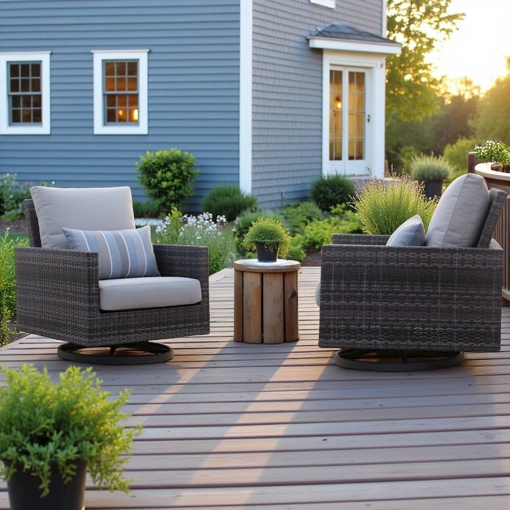 Gray Outdoor Swivel Chairs Set of 2, Wicker Patio Club Seating Pair