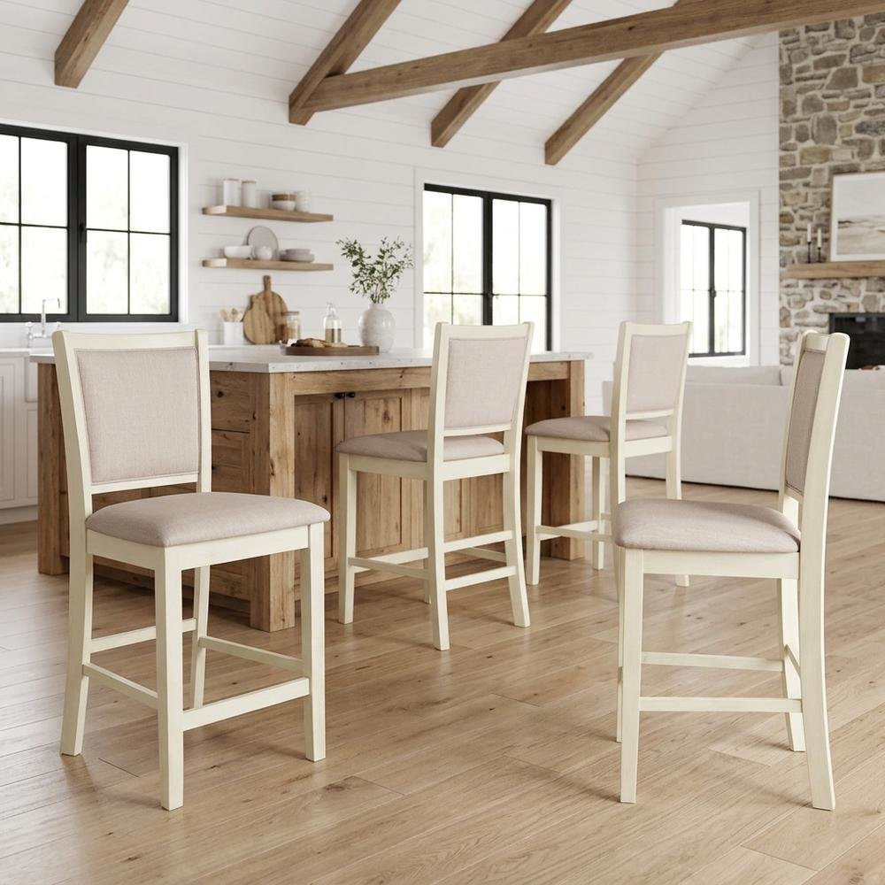 Solid Wood Counter Height Bar Stools with Polyester Upholstered Seats, Set of 4
