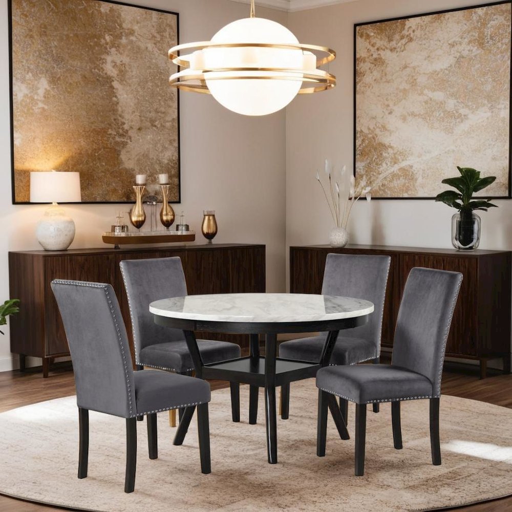 Elegant 5-Piece Faux Marble Round Dining Set with 4 Chairs in Gray