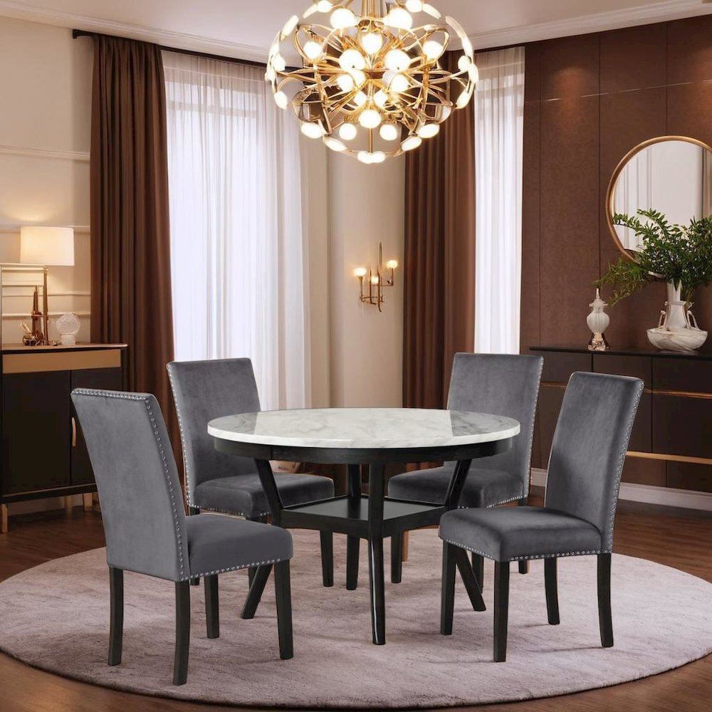 Elegant 5-Piece Faux Marble Round Dining Set with 4 Chairs in Gray