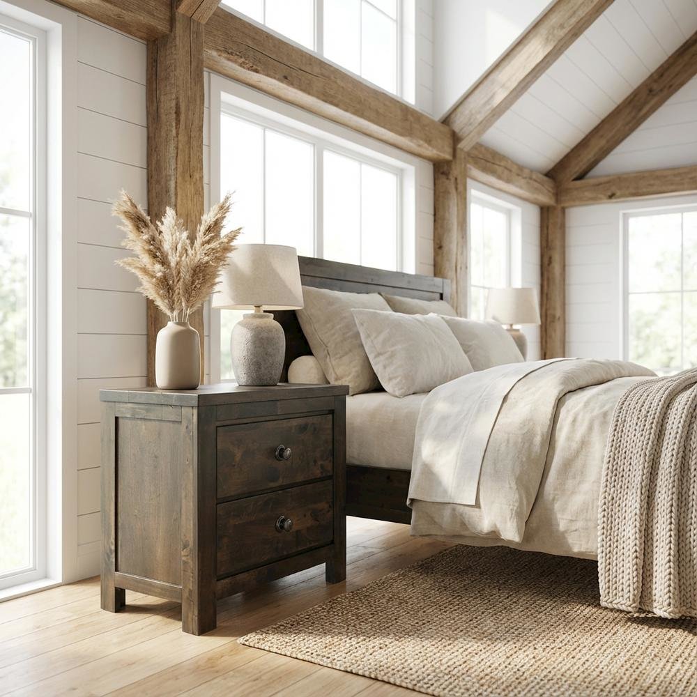 Rustic Gray Solid Wood Nightstand with Classic Design for Bedroom
