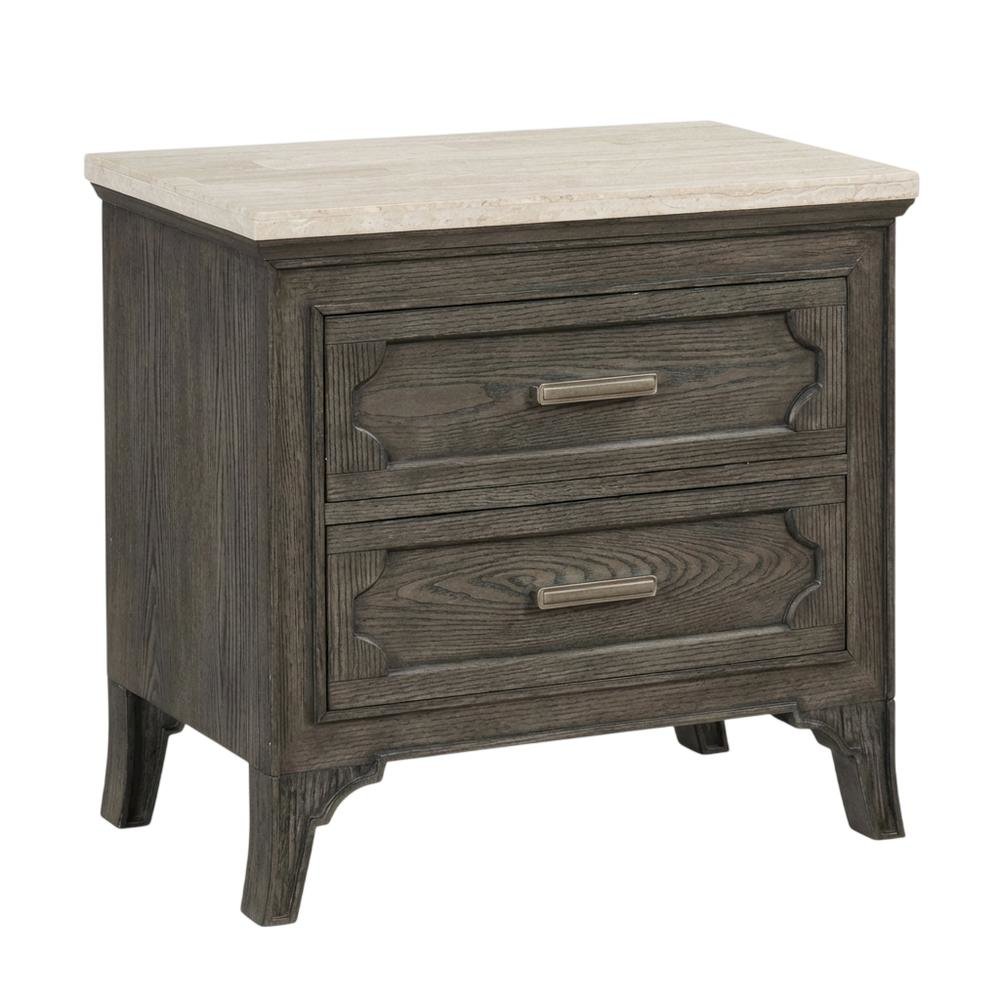 Gray Marble Top Nightstand with Painted Finish and Brushed Nickel Handle