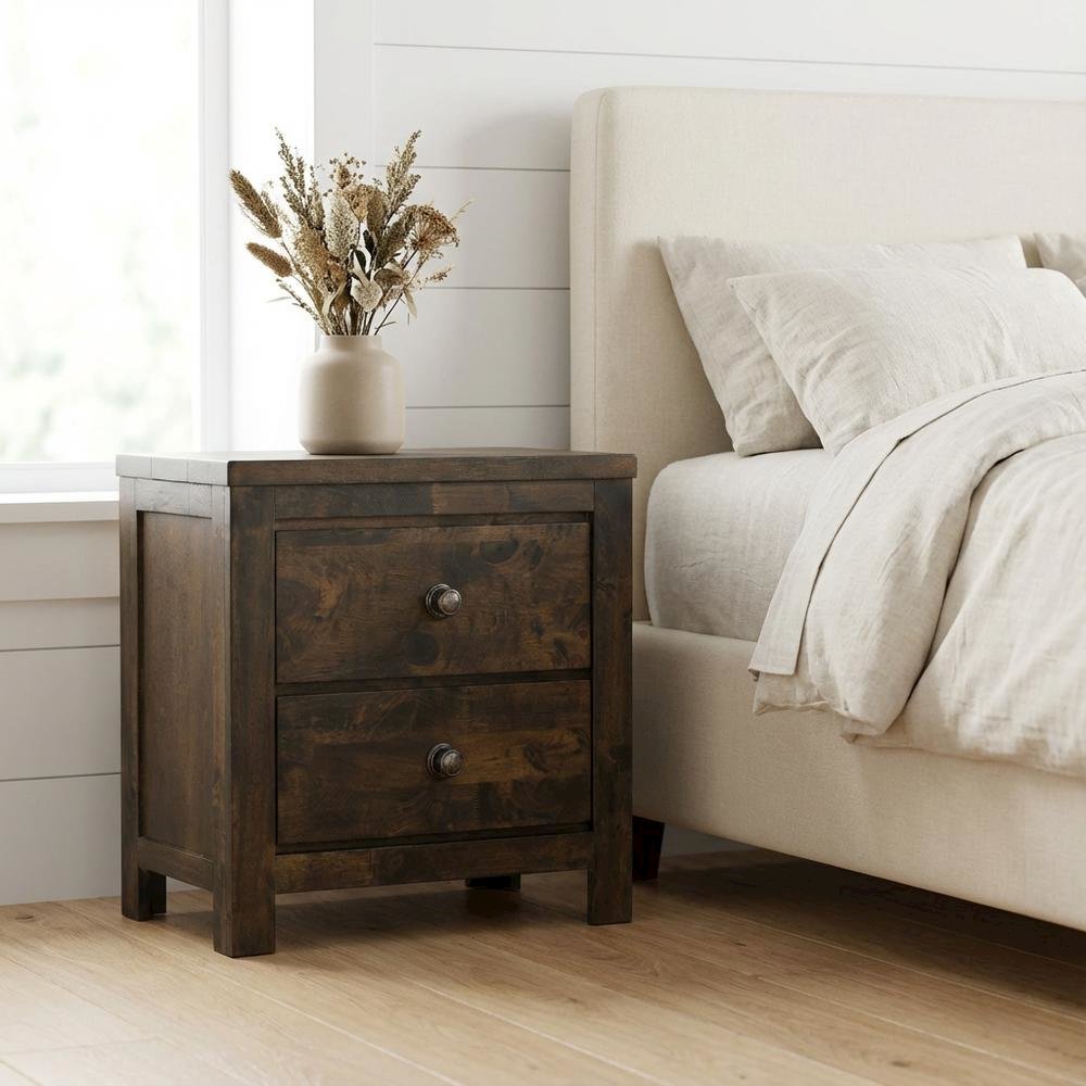 Rustic Gray Solid Wood Nightstand with Classic Design for Bedroom