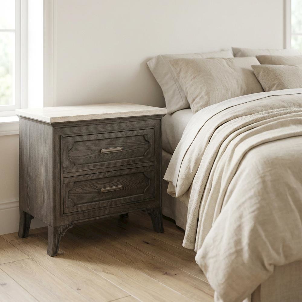 Gray Marble Top Nightstand with Painted Finish and Brushed Nickel Handle