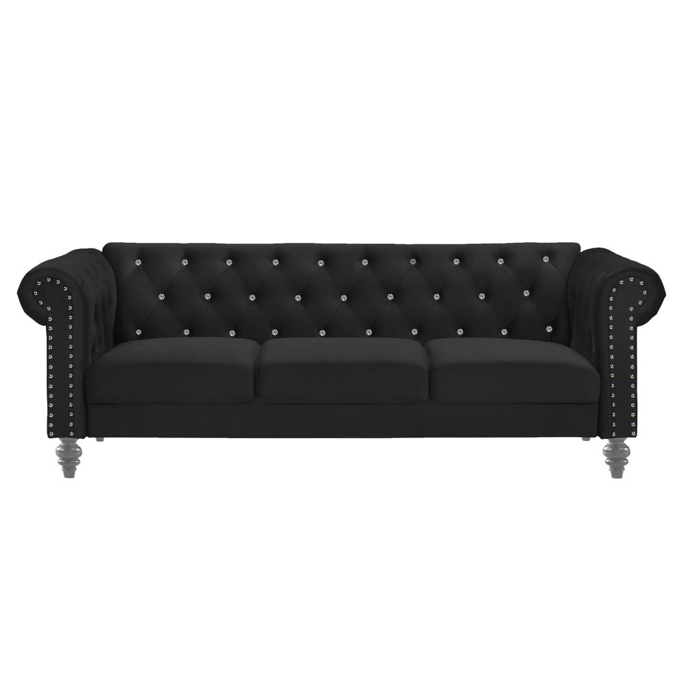 Furniture Emma Velvet Fabric Sofa with Rolled Arms in Black