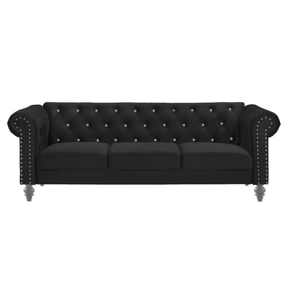 Furniture Emma Velvet Fabric Sofa with Rolled Arms in Black