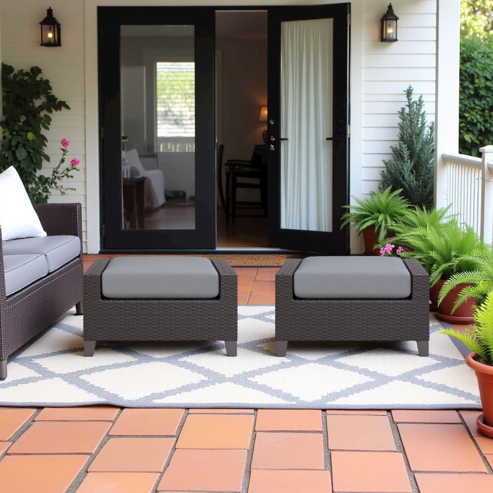 Outdoor Escape Outdoor Ottomans for Patio, Wicker Footstools, Set of 2